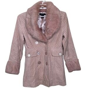Vintage Arden B. Pink Corduroy Rabbit Fur Trim Penny Lane Coat XS Y2K Boho Fairy